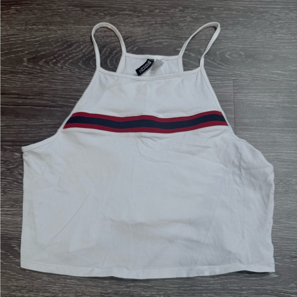White Crop Top with Red and Blue Stripes